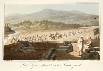 Lord Byron atendido por sus guardias Suliote, de Los últimos días de Lord Byron por William Parry, pub. 1825